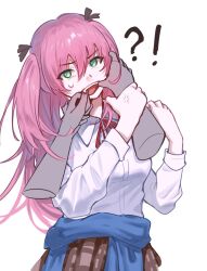 1girl aikawa_megumi breasts clothes_around_waist fang finger_in_another&#039;s_mouth green_eyes heaven_burns_red highres jacket jsasay long_hair long_sleeves mouth_pull multiple_girls open_mouth pink_hair pov pov_hands ribbon shirt two_side_up white_shirt