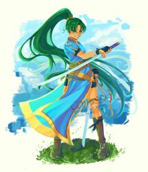 1girl absurdres bike_shorts black_gloves blue_dress boots brown_boots chocochip_trip dress fingerless_gloves fire_emblem fire_emblem:_the_blazing_blade gloves grass green_eyes green_hair high_ponytail highres holding holding_sword holding_weapon long_hair lyn_(fire_emblem) nintendo on_grass ponytail smile sword watermark weapon