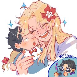 Rule 34 | 1girl, 2boys, ^ ^, baby, black hair, blonde hair, blush, closed eyes, commentary, facial hair, family, flower, freckles, gol d. roger, happy, heart, hibiscus, highres, holding, holding flower, long hair, multiple boys, mustache, one eye closed, one piece, open mouth, portgas d. ace, portgas d. rouge, shiyuzai, short hair, simple background, sparkle, symbol-only commentary, white background