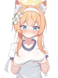 1girl absurdres animal_ears averting_eyes blue_archive blue_eyes blush breasts cat_ears cat_girl closed_mouth embarrassed flower grabbing_own_breast hair_flower hair_ornament hair_ribbon hairband highres long_hair mari_(blue_archive) mari_(track)_(blue_archive) official_alternate_costume orange_hair ribbon sanwenyu_juan_bing shirt short_sleeves solo t-shirt white_flower white_hairband white_ribbon white_shirt