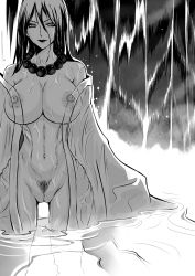 Rule 34 | 10s, 1girl, breasts, female focus, female pubic hair, highres, huge breasts, jewelry, kushinada mikumo, mikazuki shigure, monochrome, navel, necklace, nipples, nude, pubic hair, puffy nipples, pussy, shijou saikyou no deshi ken&#039;ichi, solo, uncensored, wet