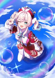 1girl absurdres aqua_eyes aqua_hair bow breasts dress drill_hair gradient_hair hat highres honkai:_star_rail honkai_(series) hyacine_(honkai:_star_rail) long_hair looking_at_viewer multicolored_hair ningmeng_zizi open_mouth pantyhose pink_hair red_dress red_hat smile solo twintails two-tone_hair white_pantyhose