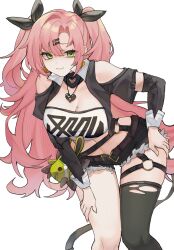 1girl :3 amillion_(zenless_zone_zero) bangboo_(zenless_zone_zero) bare_shoulders belt bent_over black_jacket black_shorts breasts cleavage closed_mouth clothing_cutout commentary crop_top detached_sleeves fur_trim green_eyes hair_ornament hair_ribbon hairclip hand_on_own_hip hand_on_own_thigh highres jacket jewelry large_breasts long_hair long_sleeves looking_at_viewer micro_shorts midriff mole mole_on_breast mole_on_thigh mole_under_eye mugripley navel necklace nicole_demara open_clothes open_jacket parted_bangs pink_hair ribbon shirt shorts shoulder_cutout simple_background single_thighhigh smile solo thighhighs thighs torn_clothes torn_thighhighs two_side_up very_long_hair white_background white_shirt zenless_zone_zero