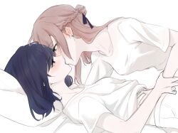 2girls blue_hair blush braid brown_eyes brown_hair clothes_lift commentary_request earrings french_kiss half_up_braid hand_on_another&#039;s_stomach highres holding_another&#039;s_wrist jewelry kiss kyo6159 long_hair lying medium_hair miyagi_shiori multiple_girls on_back pillow purple_eyes sendai_hazuki shirt shirt_lift short_sleeves shuuniichido_classmate_wo_kau_hanashi simple_background stud_earrings white_background white_shirt yuri