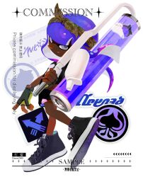 Rule 34 | 1girl, absurdres, black gloves, black shirt, black shoes, black shorts, bow hairband, closed mouth, commentary, commission, daami (daami2000), dark-skinned female, dark skin, fingerless gloves, gloves, grey eyes, hairband, highres, holding, holding weapon, inkling, inkling girl, inkling player character, long hair, looking at viewer, nintendo, print shirt, purple hair, sample watermark, shirt, shoes, shorts, smile, solo, splat roller (splatoon), splatoon (series), splatoon 3, symbol-only commentary, t-shirt, tentacle hair, very dark skin, watermark, weapon, white background