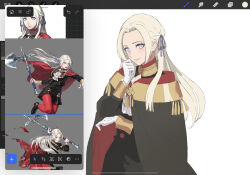 bow cape edelgard_von_hresvelg fire_emblem fire_emblem:_three_houses gloves highres nintendo okayuuuuu purple_bow purple_eyes red_cape smile white_background white_gloves white_hair