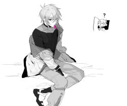 1boy ? black_shirt chibi chibi_inset choker condom condom_in_mouth condom_wrapper gloves grey_hair greyscale hair_between_eyes jacket mahoutsukai_no_yakusoku male_focus monochrome mouth_hold qyzhiaiyisheng shirt short_hair simple_background sitting