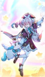 1girl aqua_hair beret creature crown dress full_body gradient_hair hat highres honkai:_star_rail honkai_(series) hyacine_(honkai:_star_rail) little_ica_(honkai:_star_rail) multicolored_hair om_rm1101 pantyhose pink_hair red_dress red_hat solo star_(symbol) twintails two-tone_hair white_pantyhose