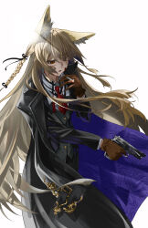 1girl absurdres aiming animal_ear_fluff animal_ears arknights between_fingers black_coat black_jacket black_ribbon blonde_hair blood blood_on_face braid brown_gloves chinese_commentary cigarette coat coat_on_shoulders collared_shirt commentary_request cowboy_shot finger_on_trigger gloves gun hair_between_eyes hair_ribbon handgun highres holding holding_cigarette holding_gun holding_weapon jacket julius_(phxp3248) long_hair long_sleeves looking_down necktie open_mouth orange_eyes partial_commentary purple_coat red_necktie ribbon shirt simple_background solo standing two-sided_coat two-sided_fabric vulpisfoglia_(arknights) weapon white_background white_shirt