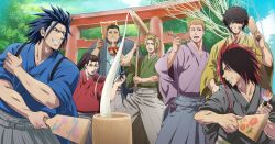 6+boys blonde_hair blue_hair blush brown_hair character_request closed_eyes eating food hagoita hane_(hanetsuki) hanetsuki hinomaru_zumou japanese_clothes kimono kine kuze_sousuke long_hair male_focus mallet mochi mochitsuki mondrianfff mortar_(bowl) multiple_boys muscular outdoors paddle paintbrush ponytail red_hair sada_mizuki scar scar_on_face spiked_hair standing torii ushio_hinomaru yukata