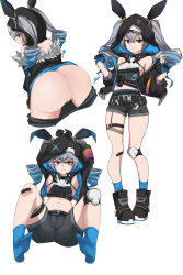 1girl absurdres armpits ass black_gloves black_jacket black_shoes black_shorts blue_socks bronya_zaychik bronya_zaychik_(haxxor_bunny) closed_mouth drill_hair full_body gloves grey_eyes grey_hair highres honkai_(series) honkai_impact_3rd jacket knee_pads long_hair long_sleeves midriff multiple_views no_panties no_shoes open_mouth pussy shoes shorts simple_background single_knee_pad socks soles thigh_strap twin_drills white_background xiaosa123
