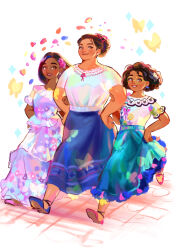 3girls absurdres animal_print ankle_strap aqua_skirt blue_skirt brown_eyes bug butterfly butterfly_print colorful commentary_request curly_hair dark-skinned_female dark_skin dress embroidery encanto eyelashes flats floor floral_print flower full_body glasses glint green-framed_eyewear hair_bun hair_flower hair_ornament hair_ribbon hand_on_own_hip height_difference highres insect isabela_madrigal layered_dress legs_apart light_blush lineup locked_arms long_skirt luisa_madrigal mirabel_madrigal mole mole_under_eye multiple_girls neck_ribbon petals pink_flower pink_shoes pupe_(sennbee1027) purple_dress red_ribbon ribbon shadow shirt shoes short_hair short_sleeves siblings simple_background single_hair_bun sisters skirt smile sparkle tassel thick_eyebrows very_dark_skin walking white_background white_shirt yellow_butterfly