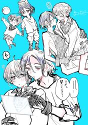 1boy 1girl amate_yuzuriha blue_background blush closed_eyes collared_shirt commentary conch_(gundam) gloves gundam gundam_gquuuuuux haro hetero highres holding_hands long_sleeves multiple_views necktie non-humanoid_robot one_eye_closed open_mouth partially_colored red_eyes red_hair renta_matsu robot school_uniform shirt short_hair shuji_ito simple_background skirt sleeveless smile speech_bubble straddling sweater tank_top translation_request upright_straddle