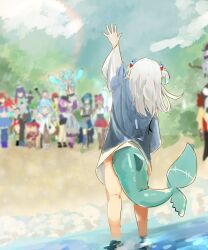 6+girls animal_ears beach blue_hoodie dai_roku_ten_mao fins fish_tail gawr_gura gawr_gura_(1st_costume) hair_ornament hakos_baelz hakos_baelz_(1st_costume) highres hololive hololive_english hololive_indonesia hood hoodie hoshimachi_suisei hoshimachi_suisei_(1st_costume) houshou_marine houshou_marine_(1st_costume) kobo_kanaeru kobo_kanaeru_(1st_costume) medium_hair multiple_girls murasaki_shion murasaki_shion_(1st_costume) oozora_subaru oozora_subaru_(1st_costume) ouro_kronii ouro_kronii_(1st_costume) rabbit_ears rabbit_girl sakura_miko sakura_miko_(casual) sand shark_girl shark_hair_ornament shark_tail shirogane_noel shirogane_noel_(1st_costume) tail tokino_sora tokino_sora_(1st_costume) two_side_up usada_pekora usada_pekora_(1st_costume) virtual_youtuber water waving white_hair