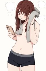 1girl after_bathing black_panties blush boyshort_panties breasts brown_eyes brown_hair cellphone closed_mouth collarbone commentary_request cowboy_shot hair_between_eyes highres holding holding_phone kapatarou long_hair navel one_eye_closed original panties phone simple_background small_breasts smartphone solo steam thick_eyebrows topless_female towel towel_around_neck underwear white_background