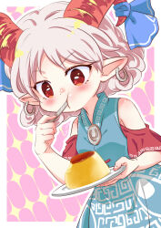 Rule 34 | 1girl, bare shoulders, blue dress, blush, breasts, commentary request, detached sleeves, dress, earrings, eating, eye print, food, grey hair, holding, holding plate, holding spoon, hoop earrings, horn ornament, horn ribbon, horns, jewelry, kimi3735, meandros, multi-source commentary, plate, pointy ears, pudding, red eyes, red horns, red sleeves, ribbon, sheep horns, small breasts, solo, spoon, touhou, toutetsu yuuma