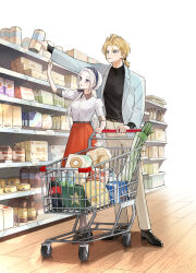 absurdres alternate_costume alternate_universe belt belt_around_waist black_shirt black_shoes blonde_hair blue_eyes blue_jacket blue_suit collared_dress collared_jacket commentary_request contemporary dimitri_alexandre_blaiddyd dress edelgard_von_hresvelg fire_emblem fire_emblem:_three_houses fire_emblem_warriors:_three_hopes formal_clothes hair_over_shoulder hair_slicked_back headband highres holding ikaikakka indoors jacket khaki_pants long_hair long_sleeves looking_at_another looking_to_the_side looking_up low_ponytail multicolored_dress nintendo open_clothes open_jacket open_mouth pants parted_bangs parted_lips ponytail purple_eyes shade shadow shirt shoes shopping shopping_cart short_hair short_sleeves standing suit suit_jacket white_background white_hair