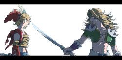 2boys armor black_border blonde_hair border character_request copyright_request from_side hat holding holding_sword holding_weapon letterboxed long_hair male_focus michibata_65 multiple_boys red_hat short_hair shoulder_armor standing sword weapon white_background