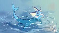 Rule 34 | :3, absurdres, afloat, animal focus, animal hands, blue fur, bright pupils, fins, fish tail, full body, gen 1 pokemon, glide away, head fins, highres, in water, nintendo, no humans, open mouth, pawpads, pokemon, pokemon (creature), purple eyes, solo, tail, vaporeon, water, white pupils