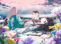 1girl aqua_skirt black_footwear black_hair black_legwear blue_eyes cloud floral_print flower_bed full_body lantern legs_up long_hair long_sleeves lying on_back original parted_lips pleated_skirt puffy_long_sleeves puffy_sleeves red_neckwear sailor_collar skirt sky solo tiv