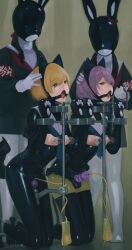 1boy 3girls animal_ears bdsm blonde_hair breasts catheter chain chain_leash fake_animal_ears gag gagged green_eyes highres kneeling leash medium_hair milking_machine multiple_girls nonkazumi original purple_hair restrained ring_gag sex_toy skin_tight small_breasts vibrator