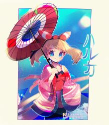 Rule 34 | 1girl, absurdres, blonde hair, blue eyes, border, character name, closed mouth, eyelashes, happy, highres, holding, holding umbrella, jacket, looking at viewer, may (pokemon), medium hair, mixed-language commentary, nintendo, oil-paper umbrella, open clothes, open jacket, outside border, pokemon, pokemon oras, red shirt, ricochetto, shirt, smile, solo, umbrella