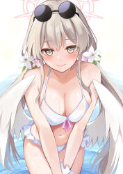 1girl alternate_costume alternate_hairstyle angel_wings bikini blue_archive blush breasts brown_eyes brown_hair cleavage commentary_request eyewear_on_head feathered_wings flower frilled_bikini frills hair_flower hair_ornament halo highres konka large_breasts leaning_forward long_hair looking_at_viewer low_twintails low_wings nagisa_(blue_archive) navel round_eyewear smile solo sunglasses swimsuit twintails v_arms water wet white_bikini white_wings wings