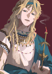 1boy 6_(reverse:1999) absurdres blonde_hair blue_eyes blue_hairband blue_robe candlestand fire hairband hand_up highres holding_candlestand long_hair looking_at_viewer male_focus official_alternate_costume open_mouth raysse red_background reverse:1999 robe shirt short_sleeves smoke solo upper_body white_shirt