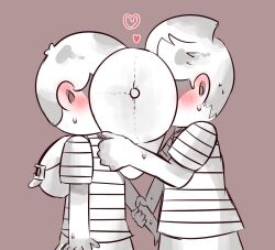 artist_request bad_tag black_hair blush child covering_face embarrassed hat kiss lucas_(mother_3) mother_(series) mother_2 mother_3 ness_(mother_2) nintendo shirt shorts shota socks striped_clothes striped_shirt super_smash_bros.