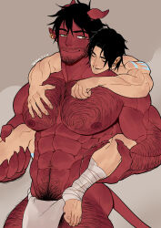 Rule 34 | 2boys, abs, absurdres, arm hair, bandaged leg, bandages, bara, beard stubble, black hair, closed mouth, collarbone, commentary, copyright name, cowboy shot, dominique (the devil and s-13), ear piercing, english commentary, facial hair, fundoshi, grey background, hair between eyes, highres, horns, hug, hug from behind, japanese clothes, large pectorals, leg hair, looking at another, male focus, multiple boys, multiple piercings, muscular, muscular male, mustache stubble, navel, navel hair, nipples, open mouth, pectorals, piercing, red horns, short hair, smile, steen (the devil and s-13), stubble, suyohara, teeth, the devil and s-13, yaoi, yellow eyes