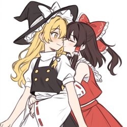 2girls apron black_vest blonde_hair blush bow braid brown_hair closed_eyes closed_mouth commentary_request detached_sleeves frilled_bow frilled_hair_tubes frills hair_bow hair_tubes hakurei_reimu hat hat_bow hug hug_from_behind imminent_kiss kirisame_marisa long_hair multiple_girls red_bow red_skirt ribbon-trimmed_sleeves ribbon_trim side_braid simple_background single_braid skirt skirt_set smile touhou vest waist_apron white_background white_bow witch_hat yellow_eyes yorigamiyuri yuri