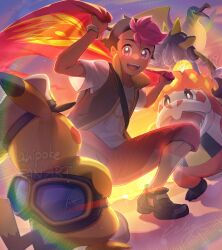 Rule 34 | :d, alternate color, black shoes, bracelet, capri pants, captain pikachu, commentary request, creatures (company), crocalor, game freak, gen 1 pokemon, gen 4 pokemon, highres, holding, jewelry, kilowattrel, lucario, male focus, multicolored hair, nintendo, open clothes, open mouth, open vest, outdoors, pants, pikachu, pink eyes, pink hair, pokemon, pokemon (anime), pokemon (creature), pokemon horizons, red pants, roy (pokemon), shiny pokemon, shirt, shoes, short sleeves, signature, smile, squatting, t-shirt, teeth, twitter username, two-tone hair, upper teeth only, vest, watermark, wing (wing 0319)