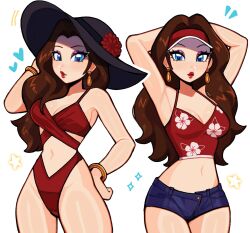 1girl alternate_costume arms_behind_head bikini black_hat blue_eyes blue_shorts bracelet brown_hair crop_top earrings fizzeru flower gold_bracelet hat hat_flower hawaiian_shirt highres jewelry long_hair looking_at_viewer mario_(series) navel nintendo pauline_(mario) print_shirt red_bikini red_flower red_hat red_shirt shirt short_shorts shorts simple_background sleeveless sleeveless_shirt sparkle swimsuit visor_cap white_background