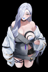 1girl areola_slip bare_shoulders blush breasts collarbone dress earrings eyeliner fate/grand_order fate_(series) grey_dress hair_over_one_eye highres hoop_earrings jacket jewelry large_breasts lipstick long_hair looking_at_viewer makeup mrs._snake_(fate) noir_(4chan) off_shoulder open_mouth smile solo sweater sweater_dress thighs white_jacket