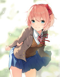 1girl absurdres arm_behind_back blazer blue_skirt bow breasts brown_jacket doki_doki_literature_club hair_bow hand_on_arm highres holding_own_arm jacket looking_at_viewer medium_breasts n_wa_wo open_clothes open_jacket pink_hair red_bow sayori_(doki_doki_literature_club) school_uniform short_hair skirt solo