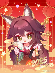 1girl :3 animal_ear_fluff animal_ears bell brown_hair chibi chinese_clothes dress fox_ears fugue_(honkai:_star_rail) fugue_(jiaduobao)_(honkai:_star_rail) green_eyes hair_ornament hair_stick highres holding honkai:_star_rail honkai_(series) lantern long_hair looking_at_viewer miyoushe_watermark open_mouth red_dress smile solo star_(symbol) tantiao_xiaotong tingyun_(honkai:_star_rail) watermark