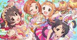 4girls akagi_miria animal_ears apron basket bee bee_costume bell black_eyes black_hair blush braid brown_eyes brown_hair bug choker commentary_request dress elbow_gloves fake_animal_ears fingerless_gloves flower frilled_hairband frills gloves hair_ornament hairband hairclip headset holding holding_basket ichihara_nina idolmaster idolmaster_cinderella_girls idolmaster_cinderella_girls_starlight_stage idolmaster_cinderella_girls_u149 insect long_hair looking_at_viewer multiple_girls neck_bell official_art one_eye_closed open_mouth orange_hair puffy_short_sleeves puffy_sleeves rabbit_ears ribbon_choker ryuzaki_kaoru sasaki_chie short_hair short_sleeves side_braids smile star_(symbol) stuffed_animal stuffed_rabbit stuffed_toy teddy_bear wings yellow_eyes