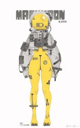 1girl barcode battery_indicator biohazard_symbol bodysuit character_name commentary cropped_jacket full_body grey_jacket grey_sandals grey_sleeves helmet highres jacket liren44 logo long_sleeves original puffy_long_sleeves puffy_sleeves sandals simple_background sleeves_past_fingers sleeves_past_wrists solo space_helmet straight-on watermark weibo_watermark white_background yellow_bodysuit zouri