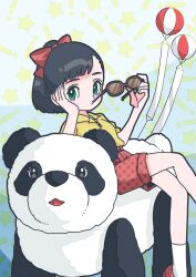 Rule 34 | 1girl, balloon, black hair, bow, eyewear in mouth, feet out of frame, fujishima moyu, green eyes, hair bow, hand on own face, highres, holding, holding removed eyewear, looking at viewer, mouth hold, original, panda, polka dot, polka dot shorts, ponytail, red bow, red footwear, shirt, short hair, short sleeves, shorts, sign, socks, solo, unworn eyewear, white socks, yellow shirt