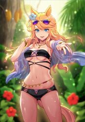 1girl :d animal_ears armpits bare_shoulders belly_chain bikini black_bikini blonde_hair blue_eyes blurry blurry_background bracelet breasts cleavage collarbone commentary cowboy_shot d-n eyewear_on_head gluteal_fold gold_city_(umamusume) gyaru_v hands_up horse_ears horse_girl horse_tail jewelry long_hair looking_at_viewer medium_breasts navel necklace o-ring off_shoulder open_mouth see-through_clothes see-through_shirt sidelocks smile solo standing stomach sunglasses swept_bangs swimsuit tail umamusume underboob v