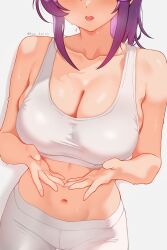 1girl absurdres arms_under_breasts artist_name blush breasts cleavage collarbone doki_doki_literature_club highres kun_kaiss large_breasts leggings long_hair lower_body navel open_mouth pants ponytail purple_hair simple_background skindentation solo sports_bra sweat twitter_username white_background white_leggings white_pants white_sports_bra yuri_(doki_doki_literature_club)