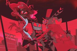 1girl 2boys colored_sclera curly_hair demon_boy demon_girl dress evil_grin evil_smile grin hazbin_hotel highres looking_at_another multiple_boys pimp red_hair red_sclera red_theme smile ssyy_aagg valentino_(hazbin_hotel) velvette_(hazbin_hotel) vox_(hazbin_hotel) white_dress