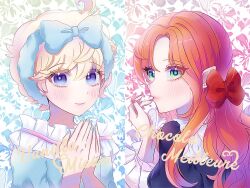 Rule 34 | 2girls, blonde hair, blue nails, blush, bow, character name, chocolat meilleure, commentary, green eyes, gyeong2424, hair bow, hashtag-only commentary, headband, long hair, multiple girls, orange hair, pajamas, pink nails, purple eyes, red bow, short hair, sugar sugar rune, symbol-only commentary, upper body, vanilla mieux