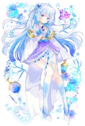 1girl :o absurdres bare_shoulders blue_eyes blue_flower blue_gemstone blue_nails braid breasts clock commentary_request commission detached_sleeves double_bun dress flower gem globe grey_hair hair_bun hand_up heterochromia highres long_hair long_sleeves looking_at_viewer nail_polish original parted_lips purple_eyes purple_flower roman_numeral shoes skeb_commission sleeveless sleeveless_dress small_breasts solo tsukiyo_(skymint) twin_braids very_long_hair white_dress white_shoes white_sleeves wide_sleeves