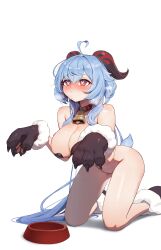 Rule 34 | 1girl, absurdres, ahoge, alternate breast size, animal collar, animal hands, bare shoulders, bell, blush, bottomless, bowl, breasts, collar, ganyu (genshin impact), genshin impact, gloves, hair between eyes, highres, horns, human dog, keureu (tiqkdtiqkd10), kneeling, large breasts, long hair, neck bell, pasties, paw gloves, paw pose, paw shoes, pet bowl, pet play, sidelocks, simple background, tail, white background