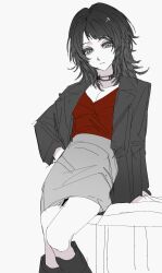 1girl absurdres arm_support bang_dream! bang_dream!_it&#039;s_mygo!!!!! baudrillardyuri black_boots black_choker black_jacket blazer boots breasts choker cleavage closed_mouth diagonal_bangs expressionless feet_out_of_frame flat_color flipped_hair grey_background grey_eyes hand_on_own_hip highres jacket knee_boots lapels long_sleeves looking_at_viewer medium_hair miniskirt notched_lapels open_clothes open_jacket pencil_skirt red_shirt shirt short_bangs simple_background sitting sketch skirt solo split_mouth v-neck yahata_umiri