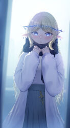 Rule 34 | 1girl, absurdres, alternate costume, black scarf, black skirt, blonde hair, blue eyes, blush, breasts, cartethyia (wuthering waves), coat, commentary, cowboy shot, crown of thorns, doorway, earrings, highres, jewelry, long hair, long sleeves, looking at viewer, medium breasts, ns (nissu ns), open clothes, open coat, parted bangs, parted lips, pleated skirt, pointy ears, scarf, shirt, shirt tucked in, sidelocks, skirt, solo, tacet mark (wuthering waves), white coat, white shirt, wuthering waves