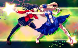 2girls ayamatazu bad_id bad_pixiv_id battle black_legwear black_skirt blue_dress bow breasts dress drill_hair fate/kaleid_liner_prisma_illya fate_(series) fighting full_body gem gloves hair_bow large_breasts long_hair long_sleeves luviagelita_edelfelt medium_breasts multiple_girls red_shirt shirt skirt sleeveless sleeveless_dress star_(symbol) thighhighs tohsaka_rin two_side_up white_gloves zettai_ryouiki