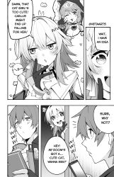 1boy 2girls absurdres animal_ear_hood archery_shooting_glove blush caelus_(honkai:_star_rail) cellphone cipher_(honkai:_star_rail) cleavage_cutout clothing_cutout door english_text fake_animal_ears gloves greyscale heta highres honkai:_star_rail honkai_(series) hood jacket march_7th_(honkai:_star_rail) medium_hair monochrome multiple_girls one_eye_closed open_clothes open_jacket open_mouth partially_fingerless_gloves peeking_out phone short_hair sidelocks smartphone smile speech_bubble thought_bubble trailblazer_(honkai:_star_rail) twitter_username