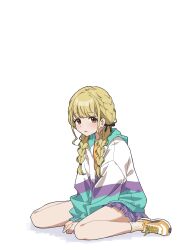1girl :o arms_between_legs bare_legs black_bow blonde_hair blue_skirt blush bow braid chipushishi french_braided_twintails fujita_kotone full_body gakuen_idolmaster hair_bow highres hood hooded_jacket idolmaster jacket looking_at_viewer multicolored_jacket plaid_clothes plaid_skirt pleated_skirt shoes simple_background sitting skirt sneakers solo twin_braids wariza white_background yellow_eyes yellow_shoes